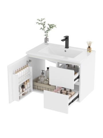 ABRIHOME Waschbeckenunterschrank in Weiß 76x46x50 cm wandhängend mit LED 2 Schubladen