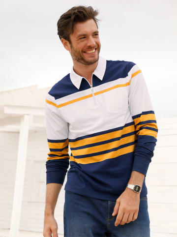 WITT WEIDEN Langarm-Poloshirt in dunkelblau-ocker-gestreift