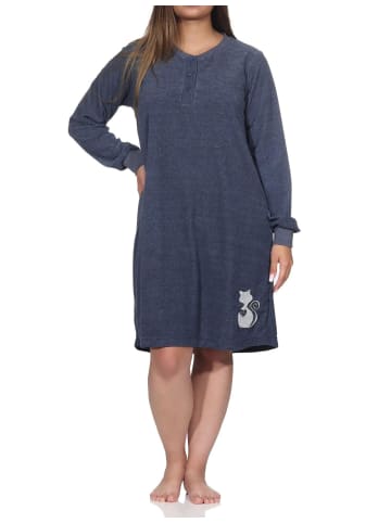 NORMANN Frottee Nachthemd langarm Faulti Katze - 82128 in blau