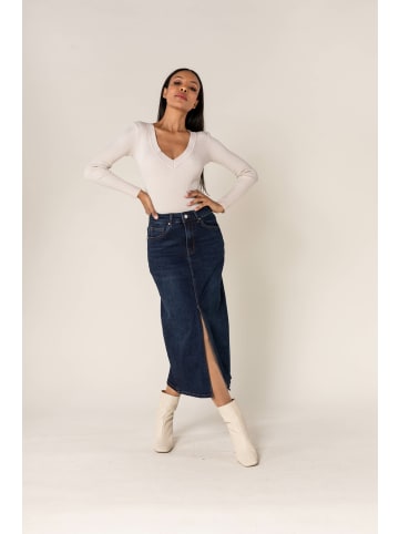 Nina Carter Langer Jeansrock mit Schlitz Stretch Denim Midi Rock in Dunkelblau