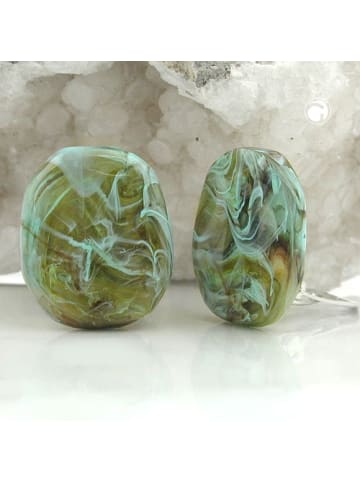 Gallay Clip Ohrring 28x23mm Kiesel oliv-braun-türkis-marmoriert glänzend Kunststoff-Bouton in türkis