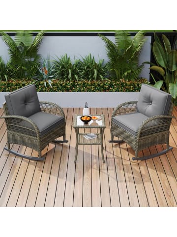 ABRIHOME Rattan Schaukelstuhl-Set mit 2 Stühlen und Glas-Tisch in Grau