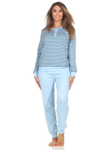 NORMANN Interlock Schlafanzug langarm Bündchen Streifenoptik - 87381 in hellblau
