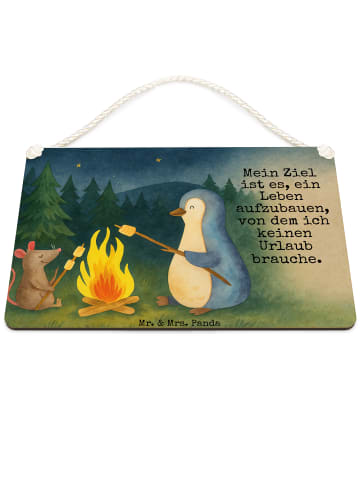 Mr. & Mrs. Panda Wandbild Holz Pinguin Lagerfeuer Design mit Spruch in Weiß