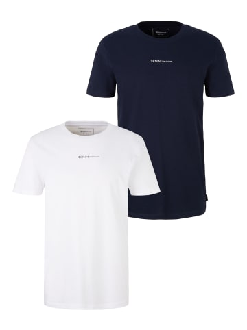 Tom Tailor Basic Logo Print T-Shirt Rundhals 2x Stück Set Kurzarm in Weiß-Dunkelblau