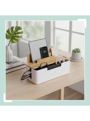 relaxdays Kabelbox in Natur/ Weiß – (B)30 x (H)16 x (T)13 cm