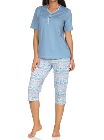 NORMANN Kurzarm Capri Schlafanzug Pyjama Ethnolook in hellblau