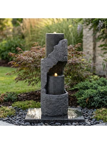 ABRIHOME Zimmerbrunnen in Grau LED mit Wasserpumpe Kunststein Zierbecken für Garten