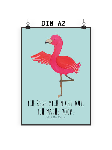 Mr. & Mrs. Panda Plakat Flamingo Yoga mit Spruch in Türkis Pastell
