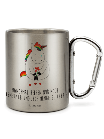 Mr. & Mrs. Panda Karabiner Becher Einhorn Traurig mit Spruch in Silber