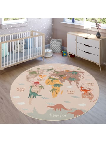 KADIMA DESIGN Kinderteppich waschmaschinenwaschbar Dinosaurier‑Weltkarten Kinder in Beige