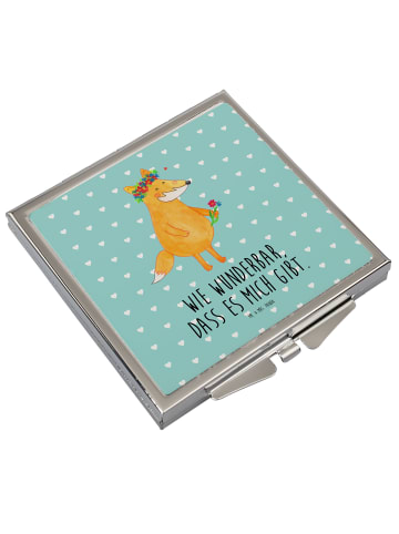 Mr. & Mrs. Panda Kosmetikspiegel Fuchs Blumen mit Spruch in Türkis Pastell