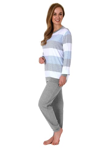 NORMANN Frottee Pyjama Bündchen Block Streifen - 69374 in hellblau