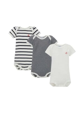 PETIT BATEAU 3er-Pack Bodys kurzarm Uni Ringel Streifen in Mehrfarbig