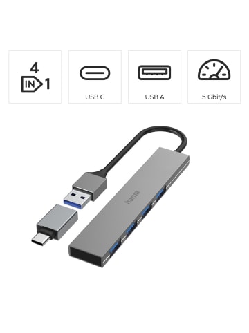USB-Hub 4 Ports, Ultra Slim, inkl. USB-C-Adapter