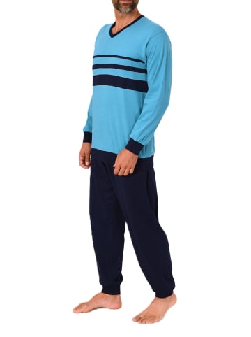 NORMANN Langarm Schlafanzug Pyjama Bündchen Frontstreifen Übergrößen in marine