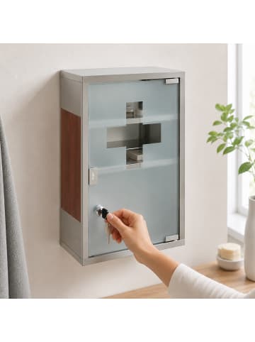 relaxdays Medizinschrank in Silber/Braun - (B)30 x (H)45 x (T)12 cm