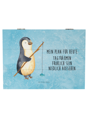 Mr. & Mrs. Panda Holzkiste Pinguin Angler mit Spruch in Eisblau