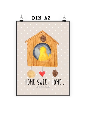 Mr. & Mrs. Panda Plakat Vogelhaus Home mit Spruch in Beige Pastell