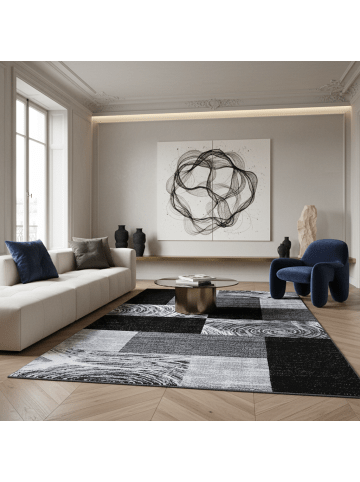KADIMA DESIGN Teppich Kurzflor Waschbar Abstrakt-Karo DRAU Strapazierfähig in Schwarz