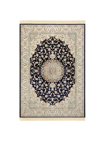 Nouristan Orientalischer Samt Teppich Fransen Antik Nain in Dunkelblau Creme