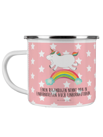 Mr. & Mrs. Panda Camping Emaille Tasse Einhorn Regenbogen mit Sp... in Rot Pastell