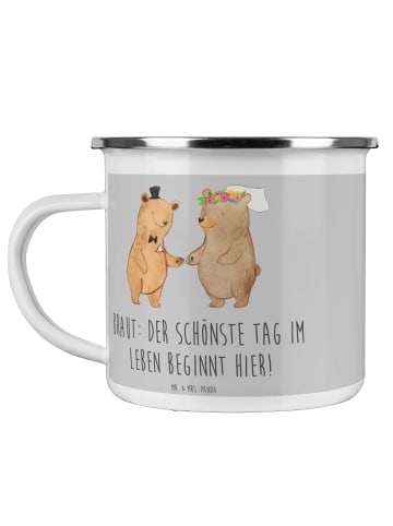 Mr. & Mrs. Panda Camping Emaille Tasse Braut Tag mit Spruch in Heather Grey