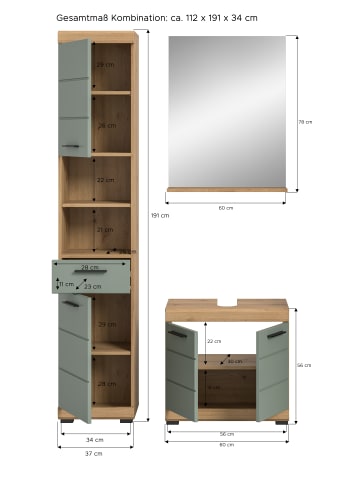 xonox.home Badkombination in Artisan Eiche/Salbei - (B) 112 x (H) 191 x (T) 34