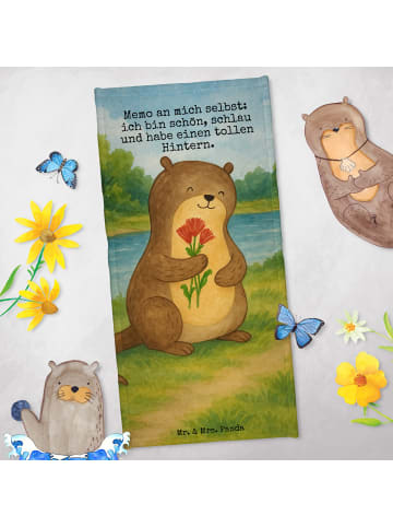 Mr. & Mrs. Panda Strandtuch Otter Blumenstrauß Design mit Spruch in Grau Pastell