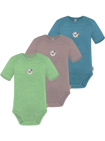 Normani Outdoor Sports 3er Set Baby Merino Body Kurzarm Tauranga in Blau/Rosa/Grün