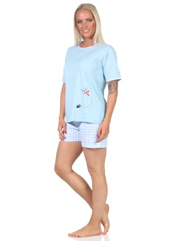 NORMANN Shorty Pyjama Schlafanzug kurzarm Katzen in hellblau