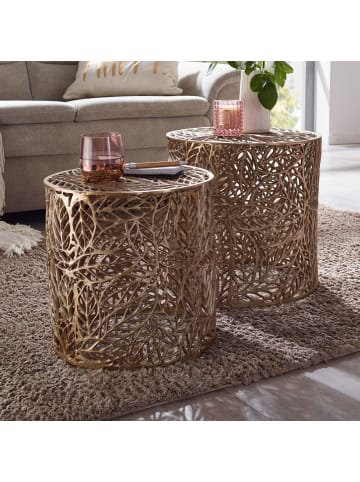 KADIMA DESIGN Beistelltisch Couchtisch | Aluminium Gold, 2er Set, Rund, Blumen