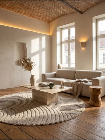 KADIMA DESIGN Hochflorteppich 3D Bögen Boho Waschbar Wohnzimmer in Beige