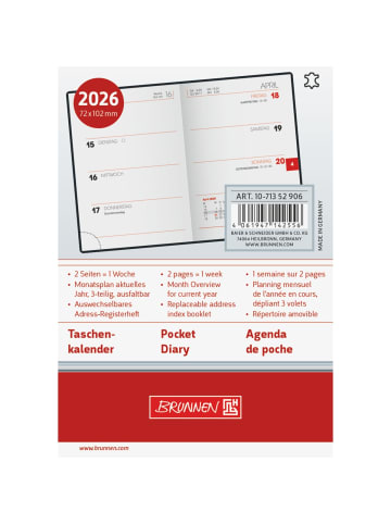 BRUNNEN Taschenkalender 713 7,2x10,2cm 1 Woche/2 Seiten Leder schwarz 2026