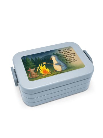 Mr. & Mrs. Panda Brotbox Pinguin Lagerfeuer Design mit Spruch in Blau Pastell