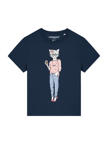wat? Apparel T-Shirt Hipster Cat with Moustache in Dunkelblau