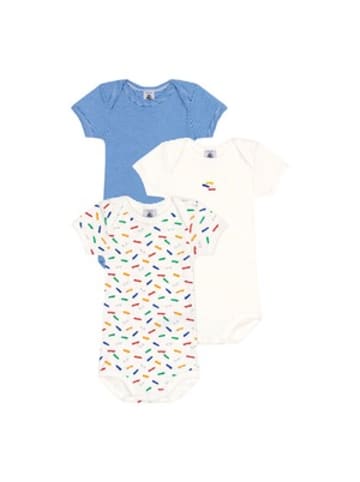 PETIT BATEAU 3er-Pack Bodys kurzarm Skateboards Ringel in Mehrfarbig