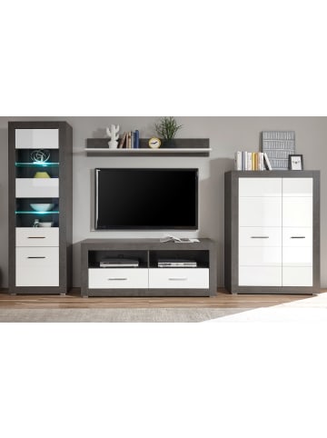 Furn.Design Wohnwand weiß Hochglanz, grau Stone 4-teilig 335 cm, Kombination viel Stauraum