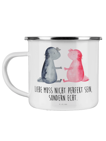 Mr. & Mrs. Panda Camping Emaille Tasse Axolotl Liebe mit Spruch in Weiß