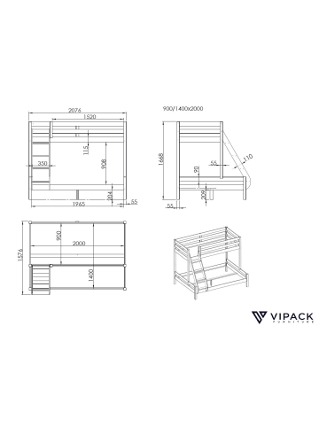 58 aufm Kessel ETAGENBETT Kathlin 208x167x156 aus Massivholz in natur