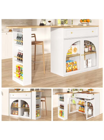 ABRIHOME Ausziehbarer Bartisch mit Stauraum in Weiß - Sideboardschrank mit Glas
