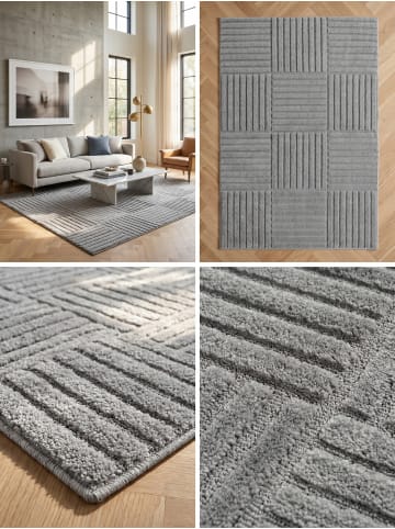 KADIMA DESIGN Hochflorteppich 3D Bögen Boho Waschbar Wohnzimmer in Silber