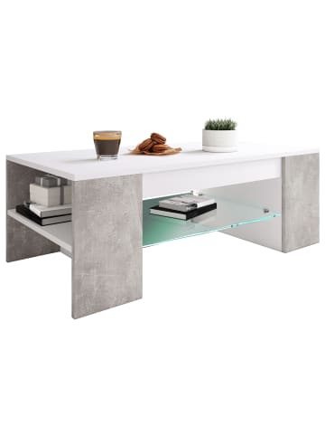 VCM Holz Sofatisch Couchtisch Schublade Glas Tunas in Weiß / Beton-Optik
