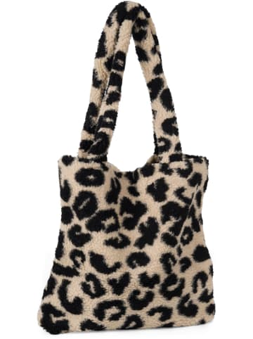 styleBREAKER Teddyfell Schultertasche mit Leo Muster in Beige-Schwarz