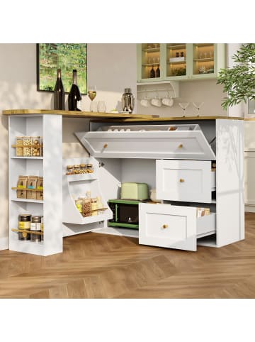 ABRIHOME Ausziehbarer Küchenschrank Kücheninsel mit Stauraum und Snackregal, Weiß