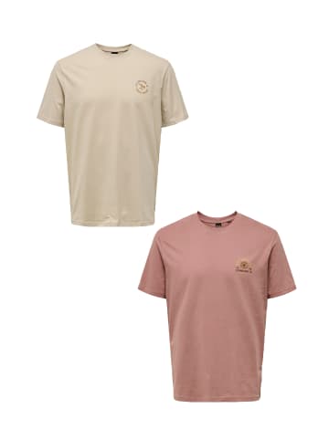 Only&Sons T-Shirt 2er-Set Rundhals Kurzarm in Beige-Rot