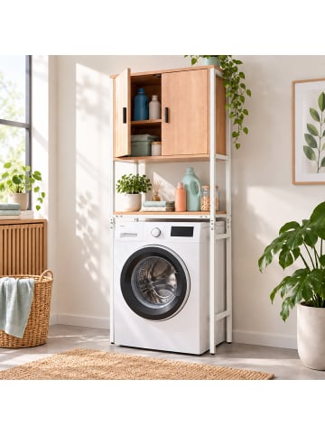 relaxdays Waschmaschinenschrank in Weiß/ Natur - (B)64 x (H)170 x (T)27 cm