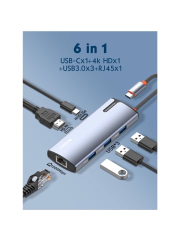 COFI 1453 6-in-1 USB-C Hub Adapter – Multifunktionaler Hub mit HDMI in Silber