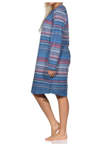 NORMANN Frottee Nachthemd langarm Bündchen gestreift - 80679 in blau