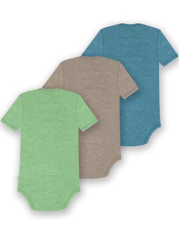 Normani Outdoor Sports 3er Set Baby Merino Body Kurzarm Tauranga in Blau/Beige/Grün